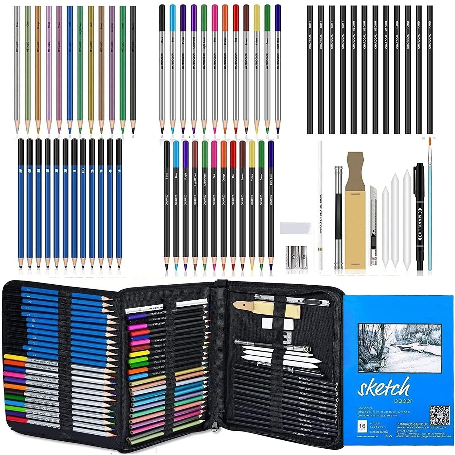 Wynhard Drawing Sketching Set Kit Diwali Gift Items Diwali Gifts Charcoal Coloring Colour Pencils Set Diwali Gift Ideas Diwali Gift Hampers Diwali Gifts For Kids Friends Family Artists Adults 72Pcs