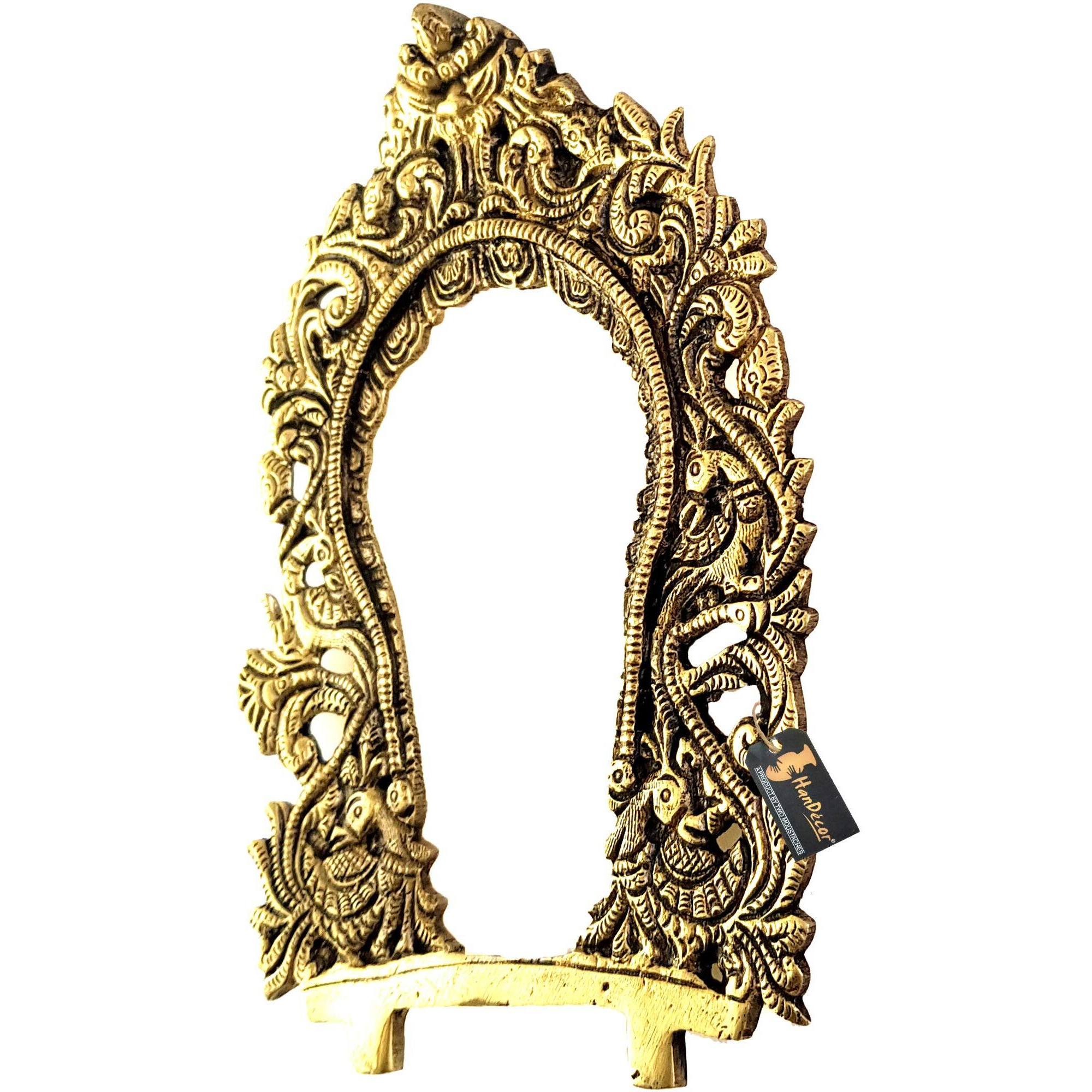 Two Moustaches Ethnic Carved Peacock Design Brass Prabhavali Frame Wall Hanging