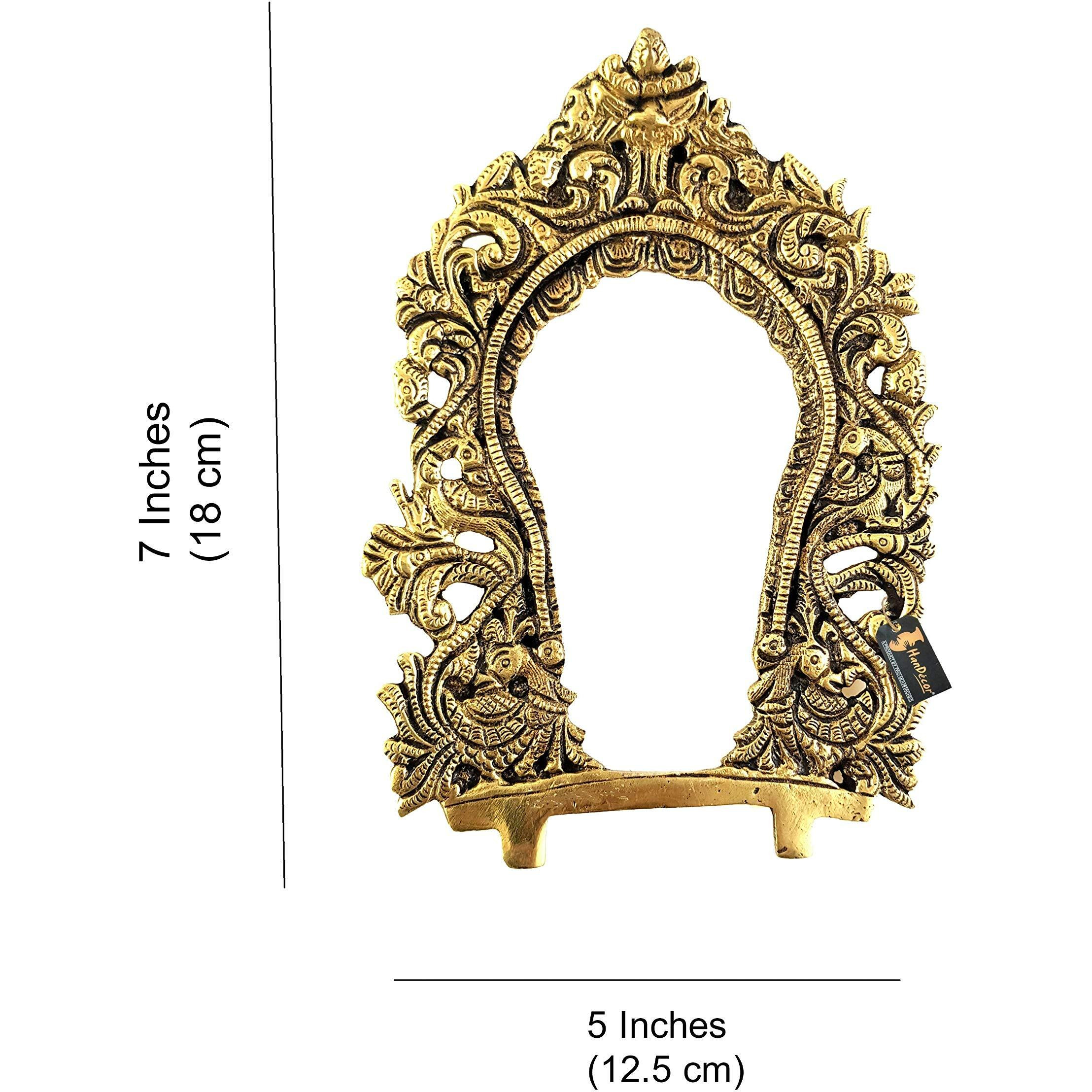 Two Moustaches Ethnic Carved Peacock Design Brass Prabhavali Frame Wall Hanging