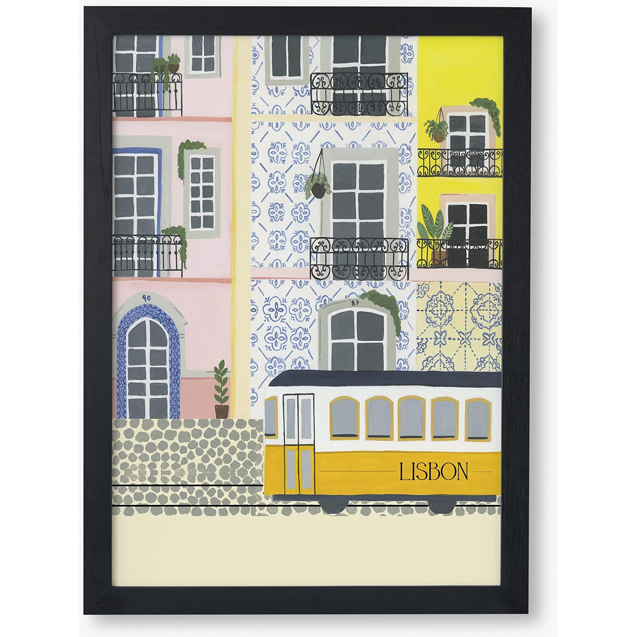 The Spring Palette | Lisbon - Travel Inspired Modern Wall Painting | Modern Art Painting For Living Room Bed Room And Office | 11 X 14 Inches (Black Frame)
