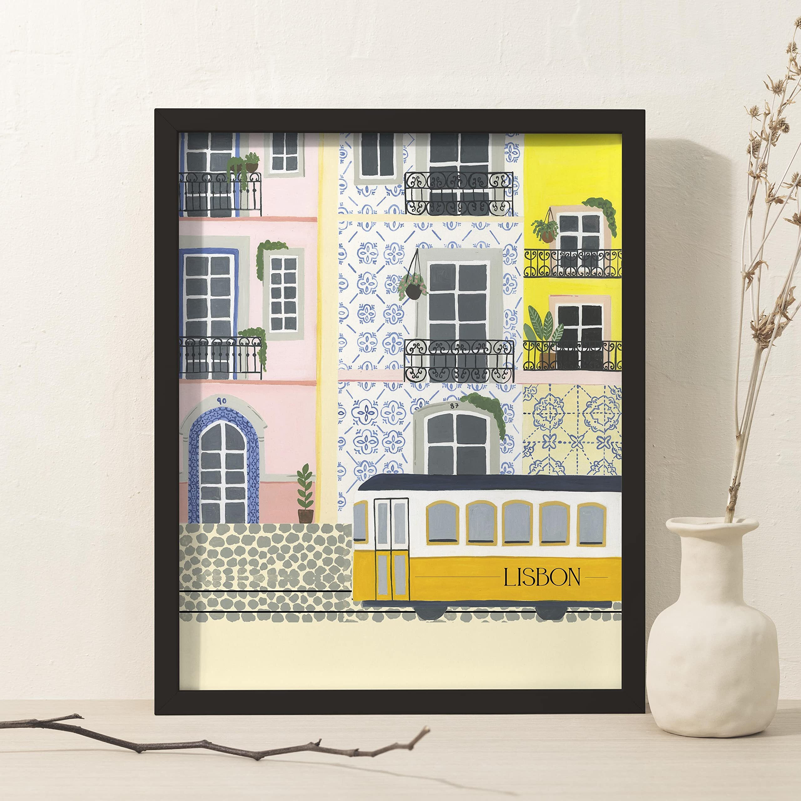 The Spring Palette | Lisbon - Travel Inspired Modern Wall Painting | Modern Art Painting For Living Room Bed Room And Office | 11 X 14 Inches (Black Frame)