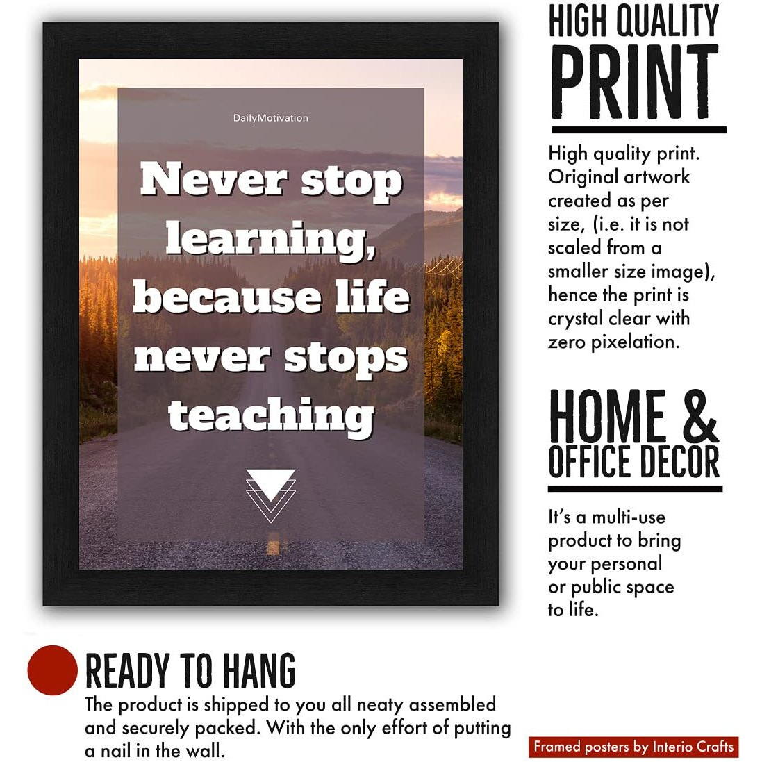 Interio Crafts Inspirational Wall Art Print, Never Stop Learning Quote, Sunset Mountain Scene, Black Frame Synthetic Wood - 13 X 10 Inches