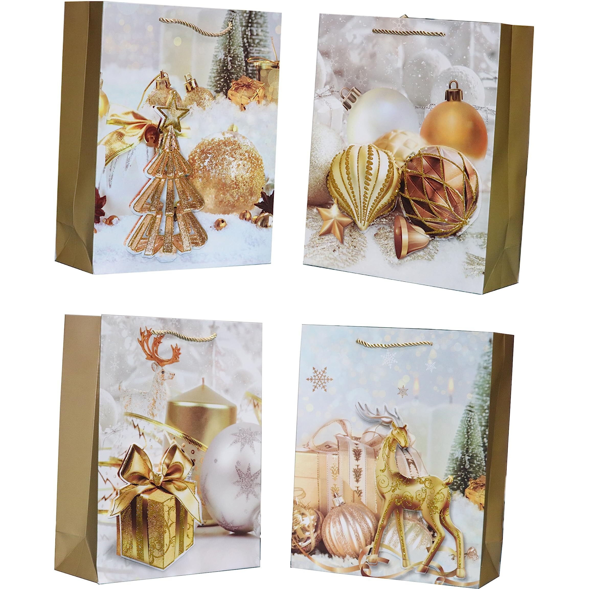 Sgmart 3D Multi Design Merry Christmas Tote Gift Paper Bag For Christmas Snack Clothing Present Box Packaging Xmas Gifts Party Bag (Set Of 4)