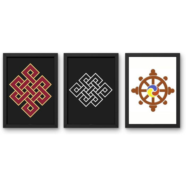 Divaframes Endless Knot & Karmic Wheel Vastu Frame | Set Of 3 | Vastu Painting For Business Growth, Wealth & Prosperity | Tibetan Feng Shui Wall Art | 10 X 13 Inches