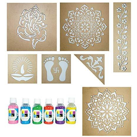 Swagstation Mandala Rangoli Stencils Set Rangoli Stencils Big Size For Floor (Set Of 7 Stencil, 6 Rangoli Colors Set, Decorative Stencils Combo 61Ws0771) Mandala Rangoli Making Tools Kit, Multi