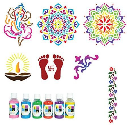 Swagstation Mandala Rangoli Stencils Set Rangoli Stencils Big Size For Floor (Set Of 7 Stencil, 6 Rangoli Colors Set, Decorative Stencils Combo 61Ws0771) Mandala Rangoli Making Tools Kit, Multi