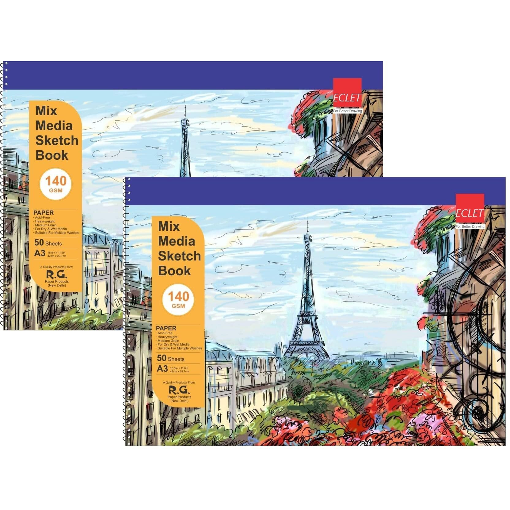 Eclet 50 Sheet A3 Sketchbook Pack Of 2-140 Gsm| Top Spiral-Bound Sketchpad For Artists | Sketching And Drawing Acid Free Paper, For Doodling For Professional & Acadmic Use(K)