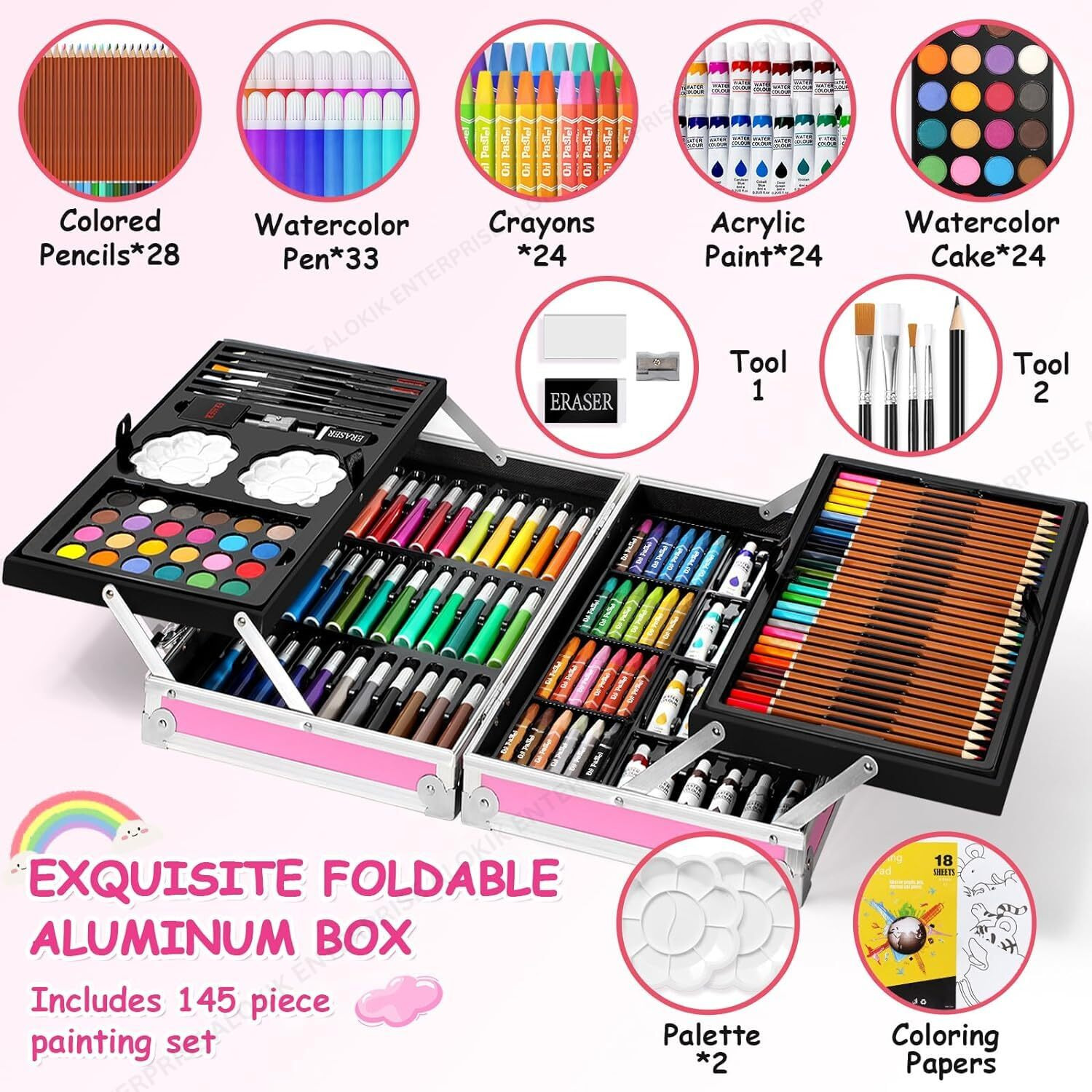 Alokik 145 Pieces Pink Unicorn Drawing Color Kit Sketch Colour Pencil Set Shading Crayons Oil Pastels Colour Set Watercolor Cakes Paint Brush Sharpener Eraser Stationary Art Supplies For Artist