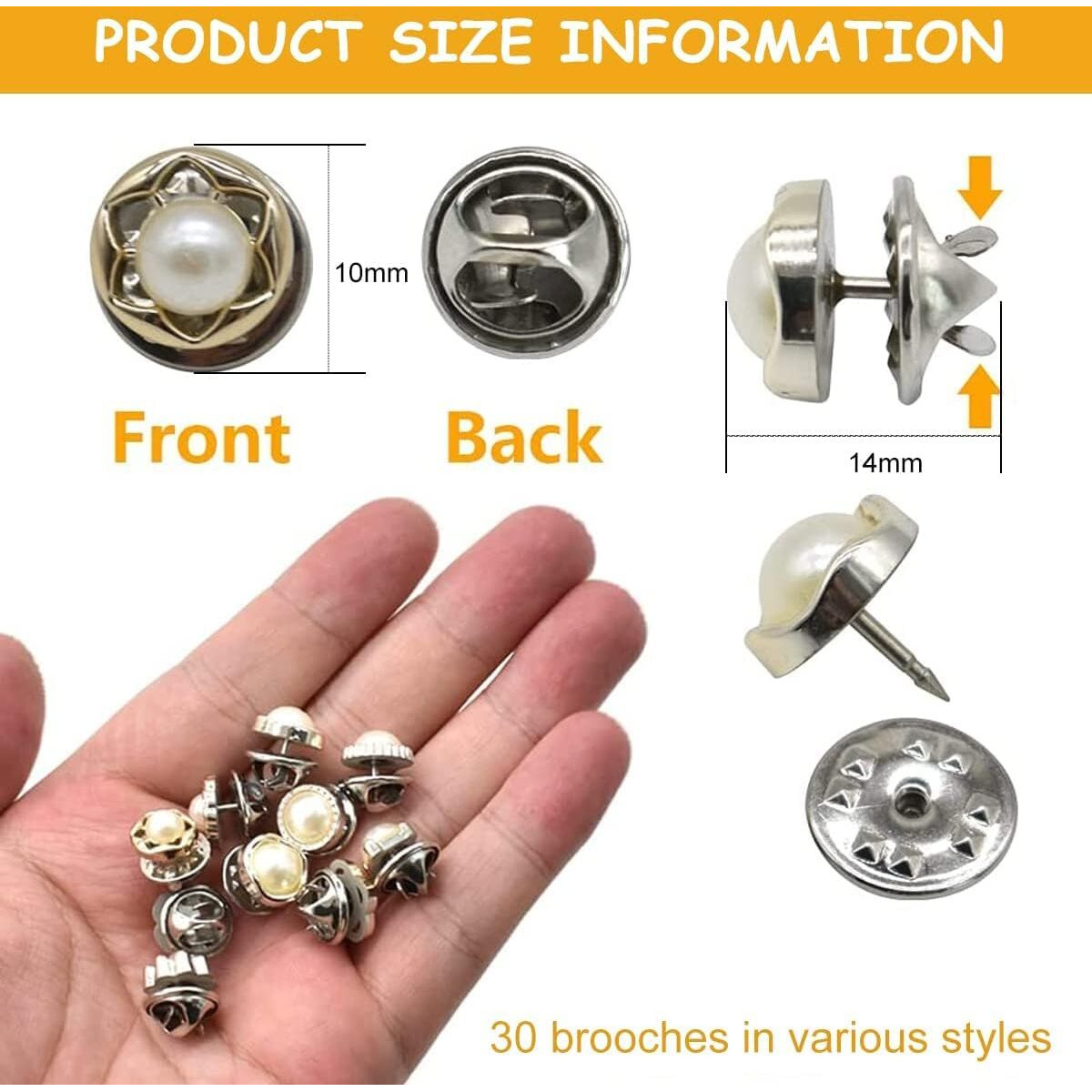 Dibeji Advance 30Pcs Pearl Buttons Brooch Buttons Cover Up Brooch Pins Mini Safety Shirt Buttons For Cardigan Saree Dress Hats, No Sew & Removable Multi Design