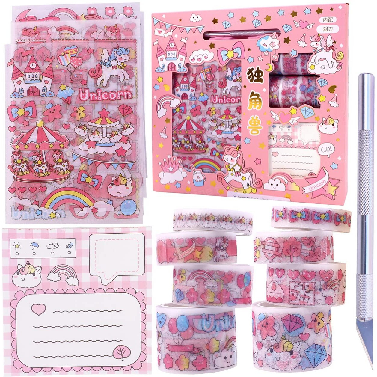 Toyshine Cute Unicorn Washi Tape Set 8 Rolls, 10 Stickers, 1 Notepad, 1 Cutting Tool, Decorative Masking Tapes For Arts, Diy Crafts, Journals, Planners, Scrapbook, Wrapping