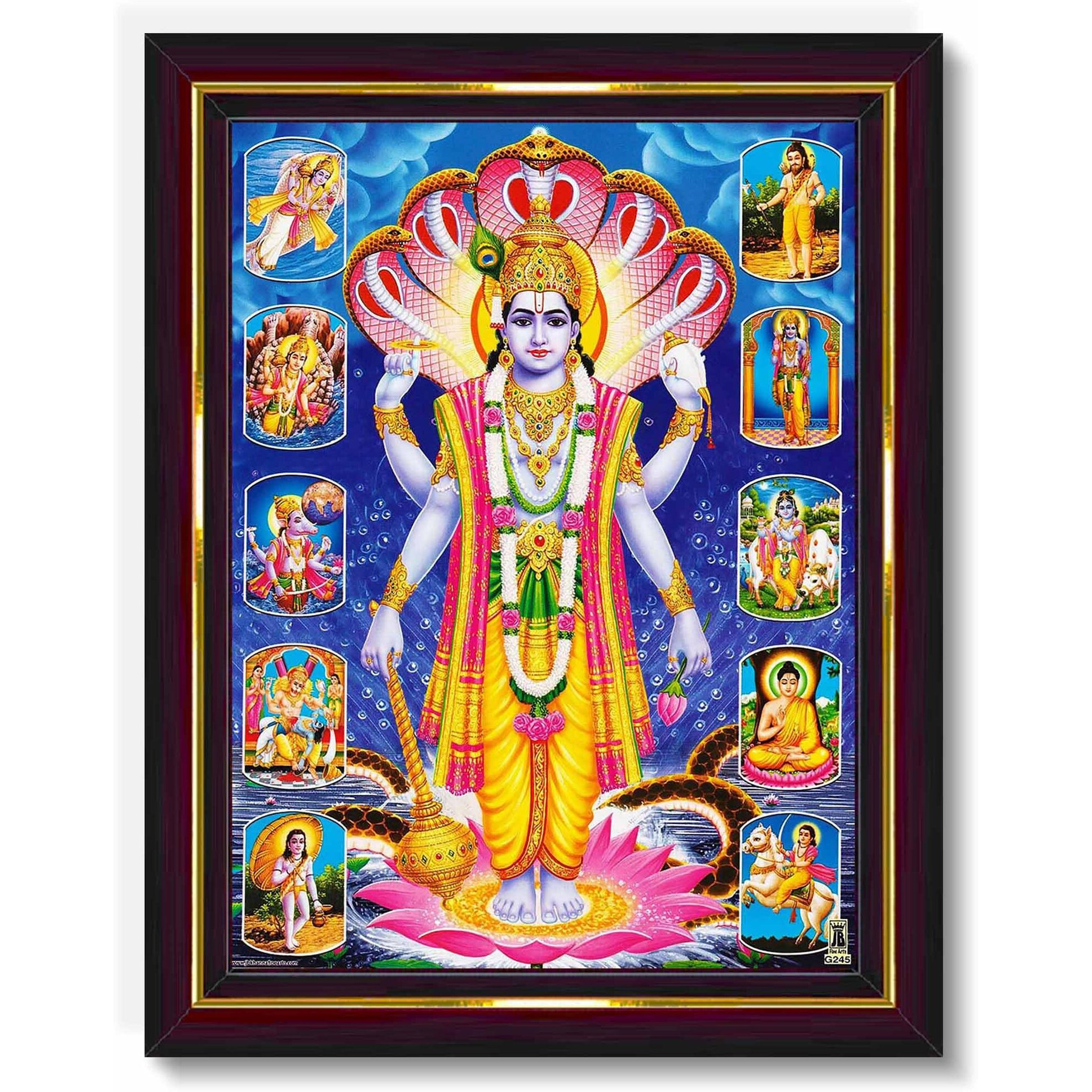 Pavan Photo Laminations Lord Vishnu Dev Avatar Narayan Dashavatar Wall Painting Framed Home Decor (Wood,Matte,Brown,Small Size,6 X 8 Inch) B575S