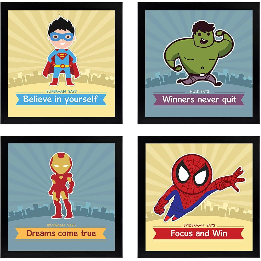 Chaka Chaundh Kid's Spider Man Iron Man Inspirational Quotes Wall Frames For Bedroom - Cartoon Posters (9 X9 Inches) - Set Of 4
