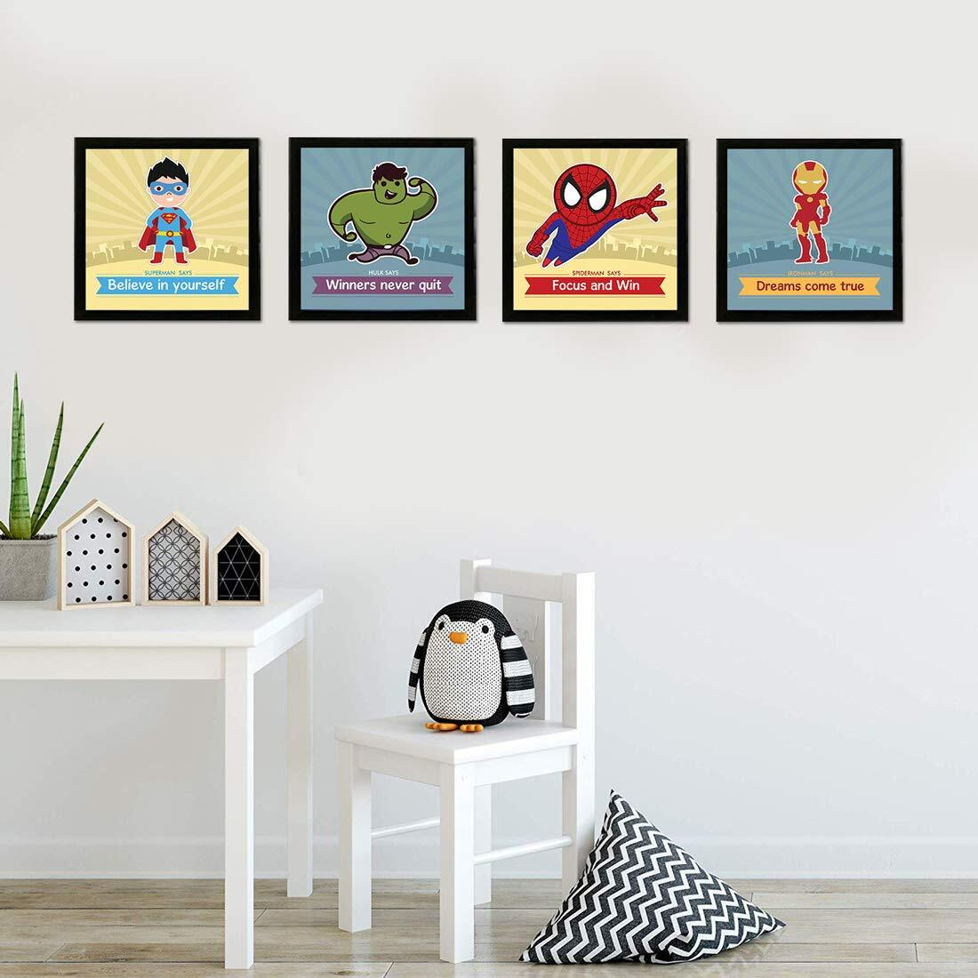Chaka Chaundh Kid's Spider Man Iron Man Inspirational Quotes Wall Frames For Bedroom - Cartoon Posters (9 X9 Inches) - Set Of 4