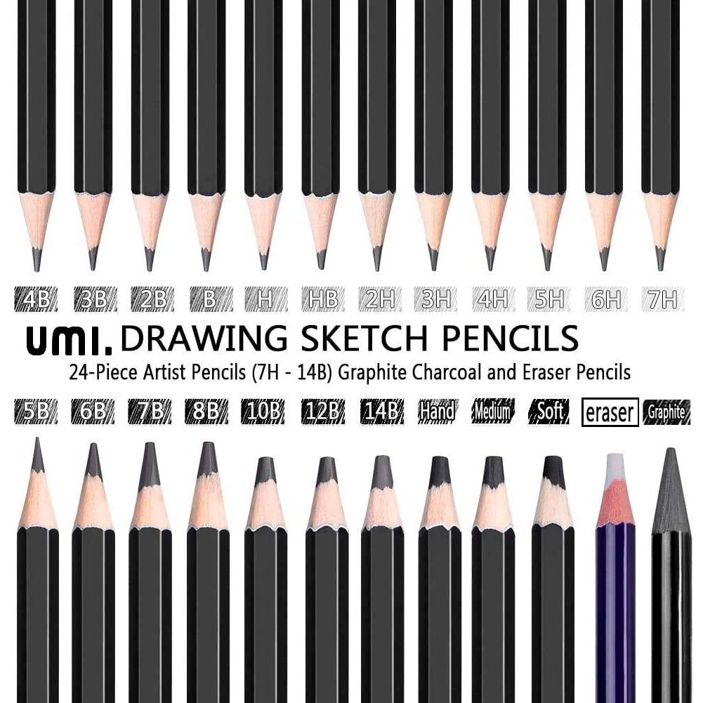Amazon Brand - Umi Drawing And Sketching Pencils 24 Pencil Set (19 Sketch Pencils, 3 Charcoal Pencils, 1 Graphite Pencil And 1 Eraser Pencil)