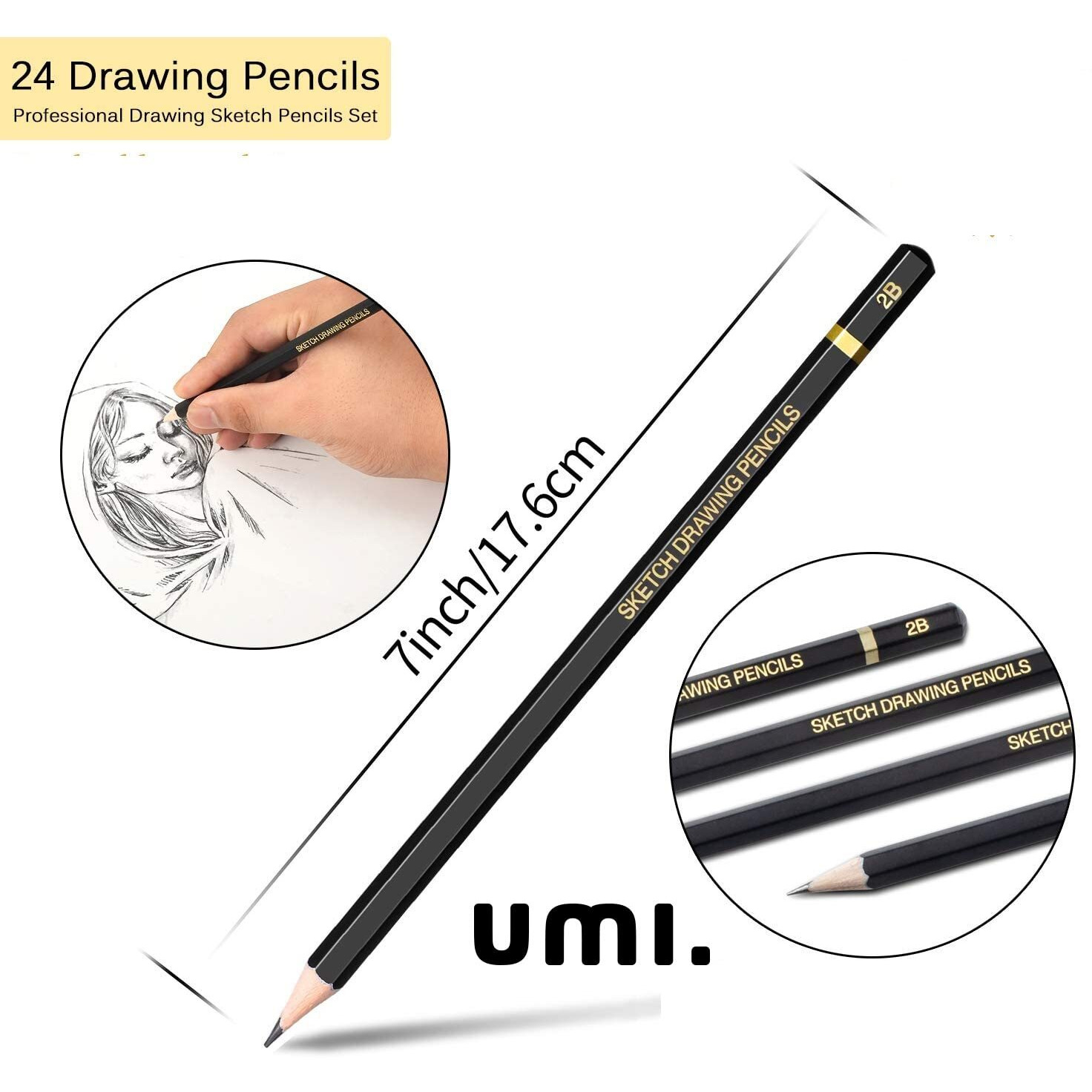 Amazon Brand - Umi Drawing And Sketching Pencils 24 Pencil Set (19 Sketch Pencils, 3 Charcoal Pencils, 1 Graphite Pencil And 1 Eraser Pencil)