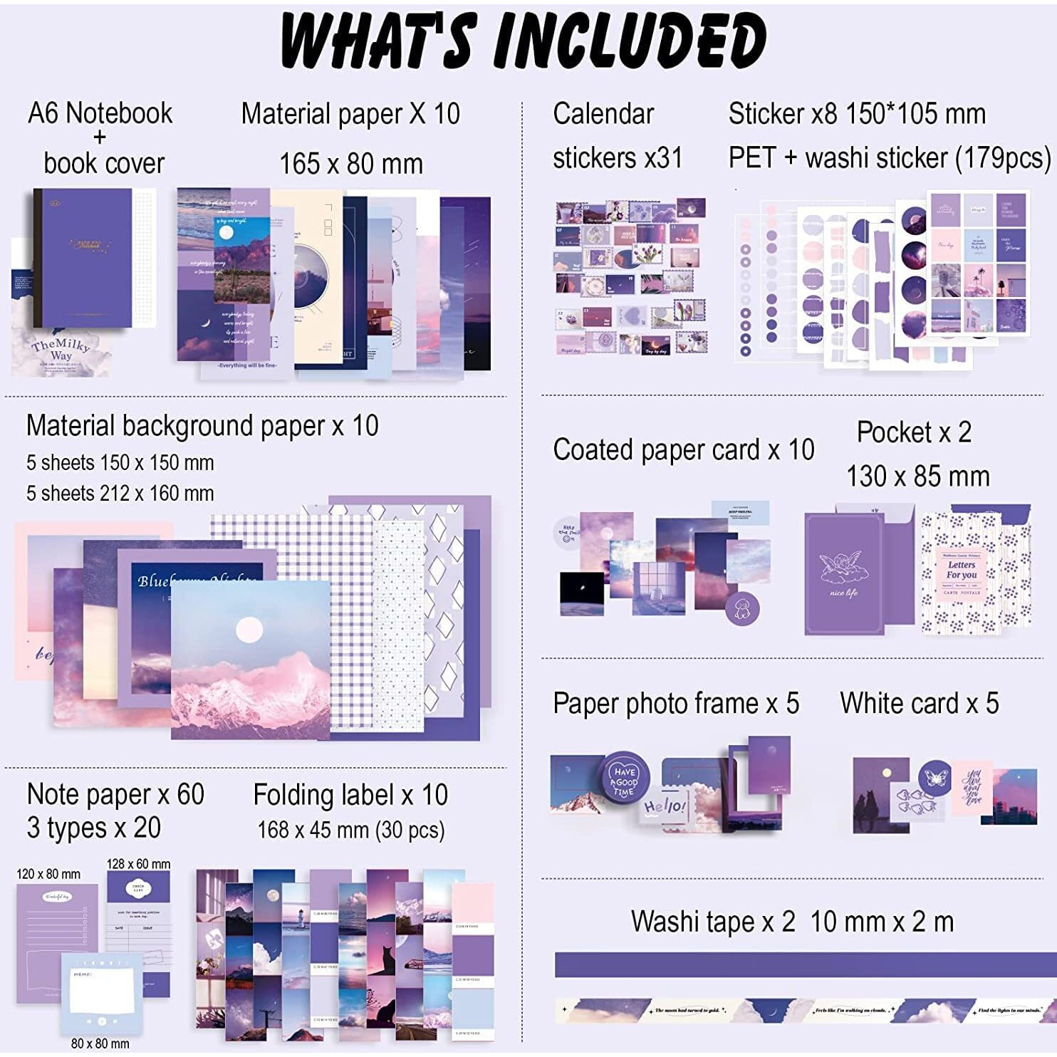 Mgnlr Vintage Aesthetic Scrapbook Kit(346Pcs) Scrapbooking Supplies Kit With Bullet Junk Journal,Stationery,A6 Grid Notebook With Graph Ruled Page Diy Journaling (Purple Scrapbook), Paper
