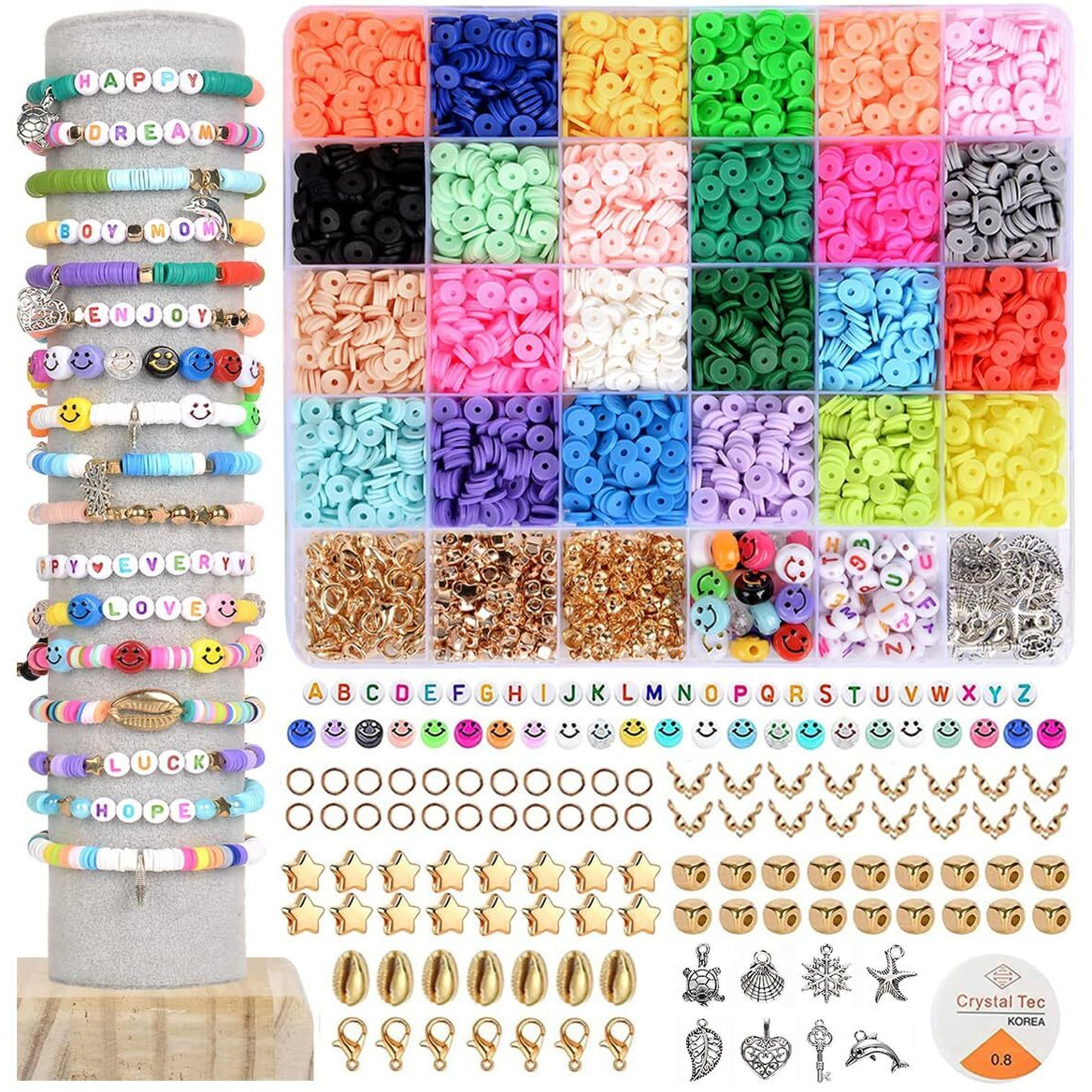 Sannidhi Clay Beads Kit 4800Pcs 24 Colors Clay Beads For Bracelet Making Set, Polymer Flat Letter Spacer Bead With Charms Elastic Strings Diy Craft, Gift For Girls Kids Women