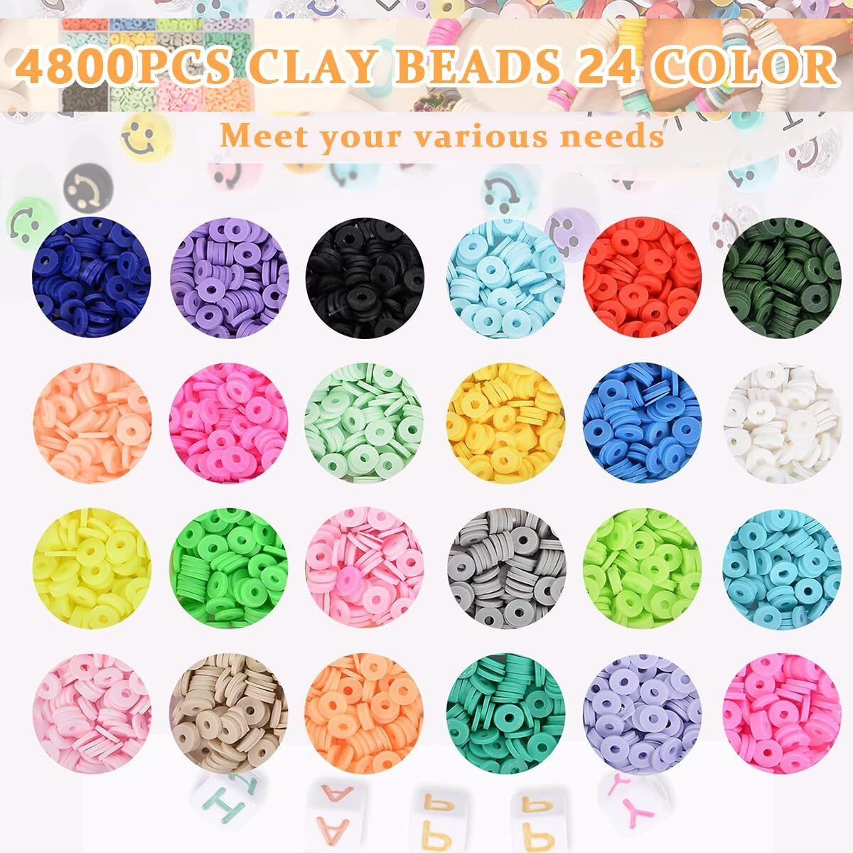 Sannidhi Clay Beads Kit 4800Pcs 24 Colors Clay Beads For Bracelet Making Set, Polymer Flat Letter Spacer Bead With Charms Elastic Strings Diy Craft, Gift For Girls Kids Women