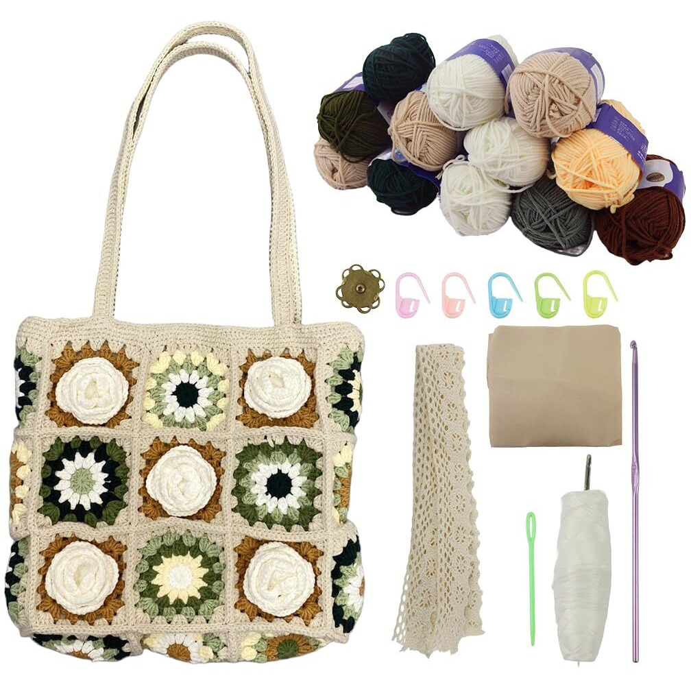 Hasthip Diy Camellia Crochet Bag Material Kit With Magnetic Buckle Crochet Handbag Tote Camellia Pattern Handbag Material Kit With Yarn, Crochet Hooks, Lining Pouch, Step By Step Tutorial, 28X25Cm