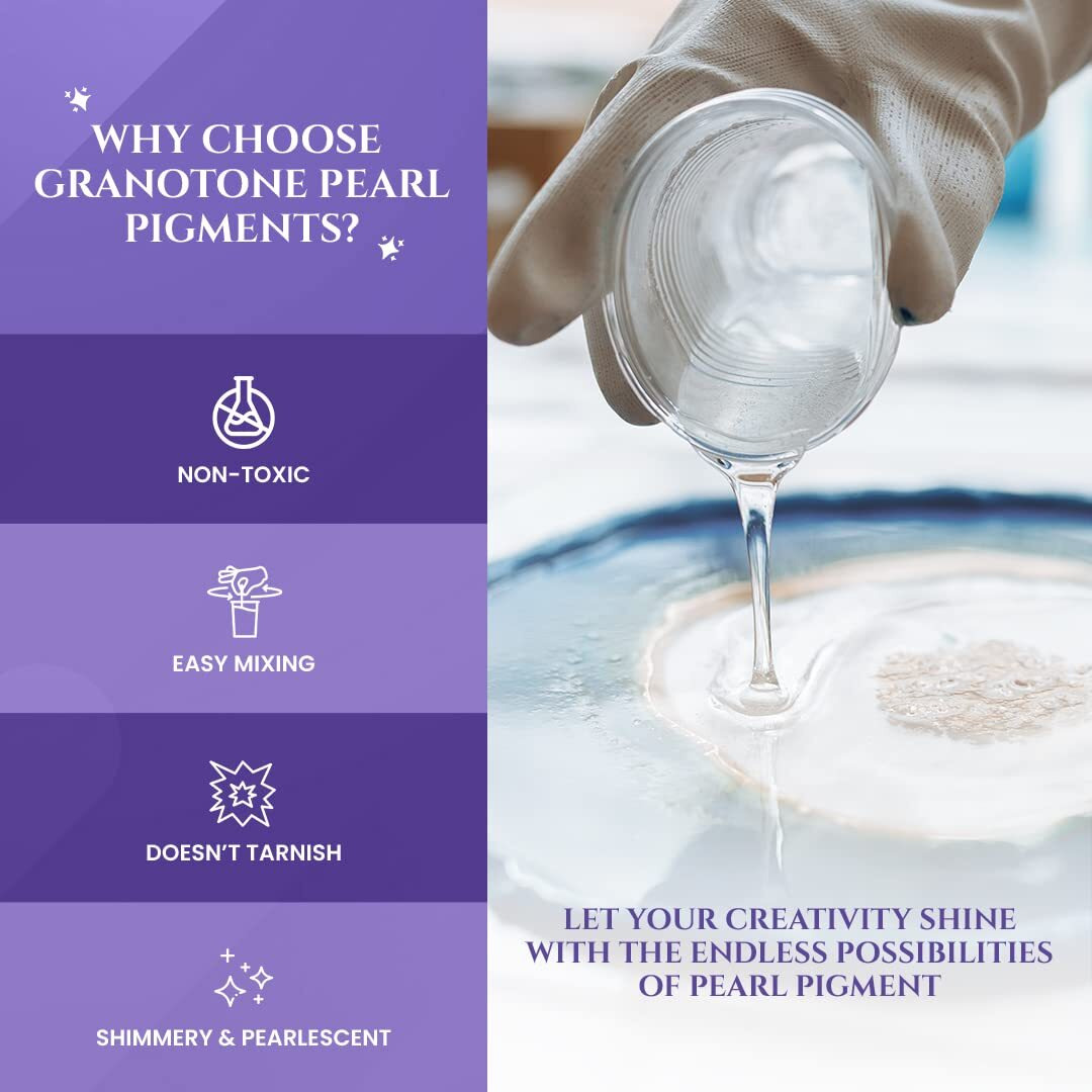Granotone Pearl Pigments, Mica Pigment Powder For Epoxy Resin, Non-Toxic Glowing Powder For Soap, Painting, Art & Craft Projects, Nail Art, Slime, Epoxy Resin, Vibrant Colours Set Of 6, 20G Each