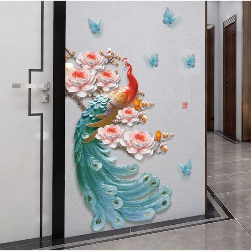 Jaamso Royals Peacock With Colorfull Sticker For Wall, Wall Design, Wall Design Sticker For Hall, Wall Stickers For Bedroom Big Size, Sticker For Wall Decoration (Set Of 2 Wall Sticker Sheet)