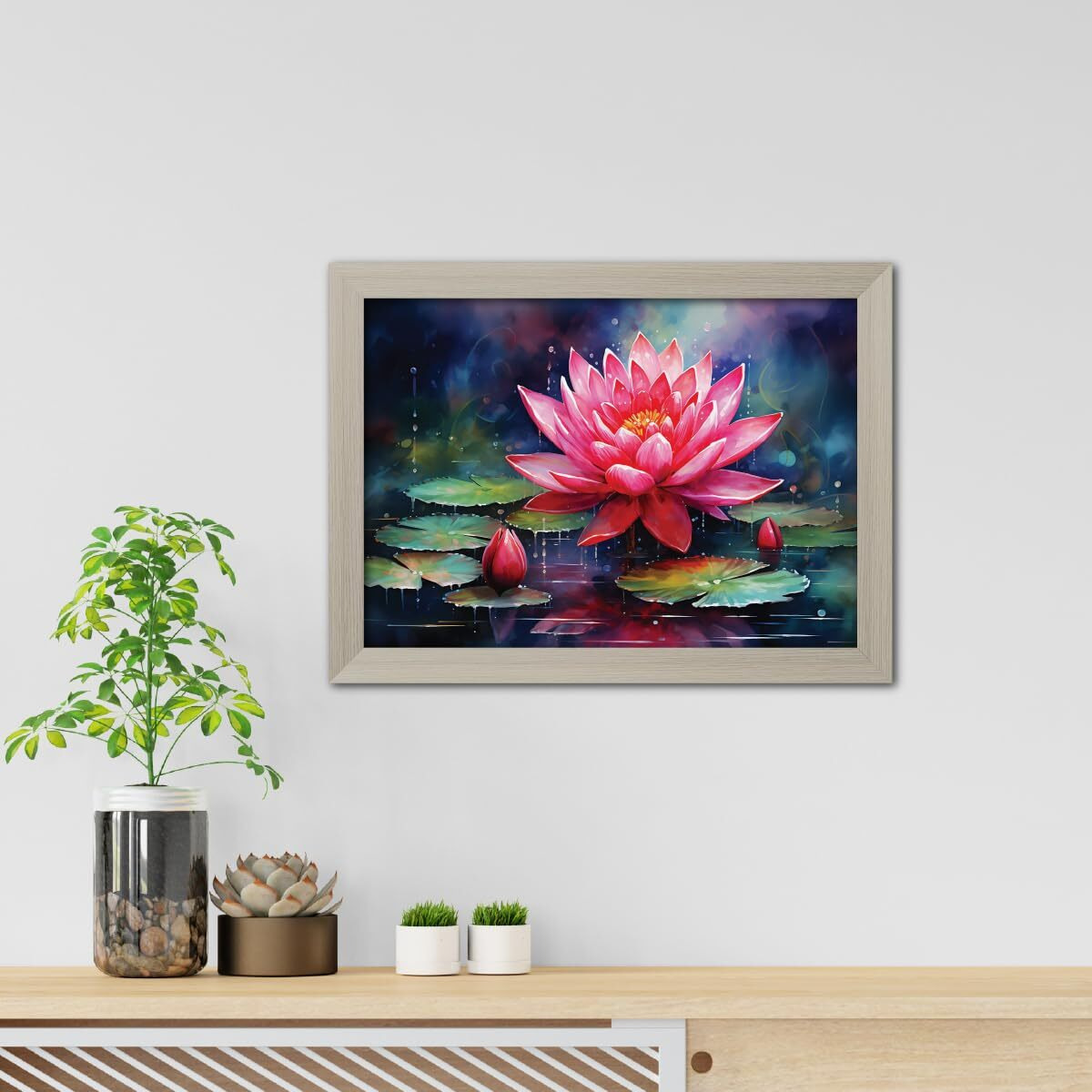 Tenorarts Lotus Photo Frame Vastu Positivity Oil Painting Art Framed Aesthetic Wall Painting With White Wooden Texture For Living Rooms Office Bedroom - Wall Paintings/Hangings (12Inches X 9Inches)