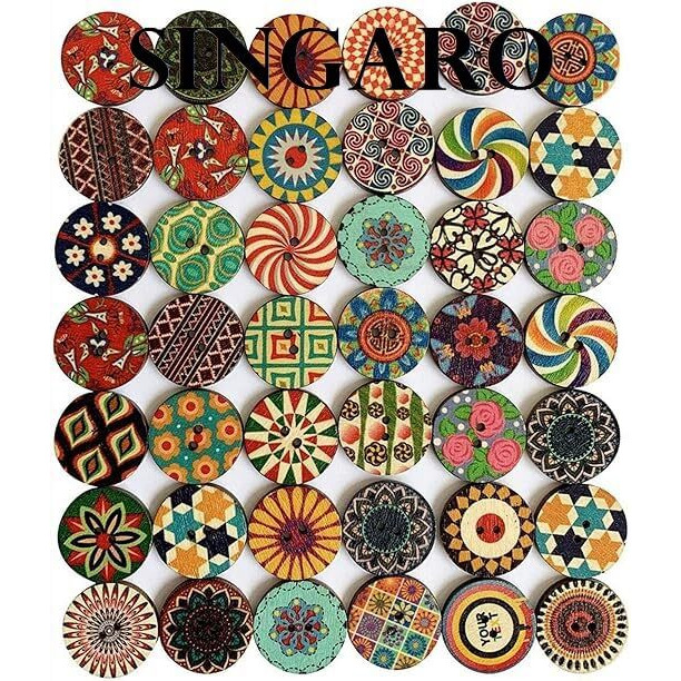 Singaro Wooden Buttons For Crafts Wood Buttons 1 Inch Assorted Vintage Round Wooden Flower (30 Pcs)