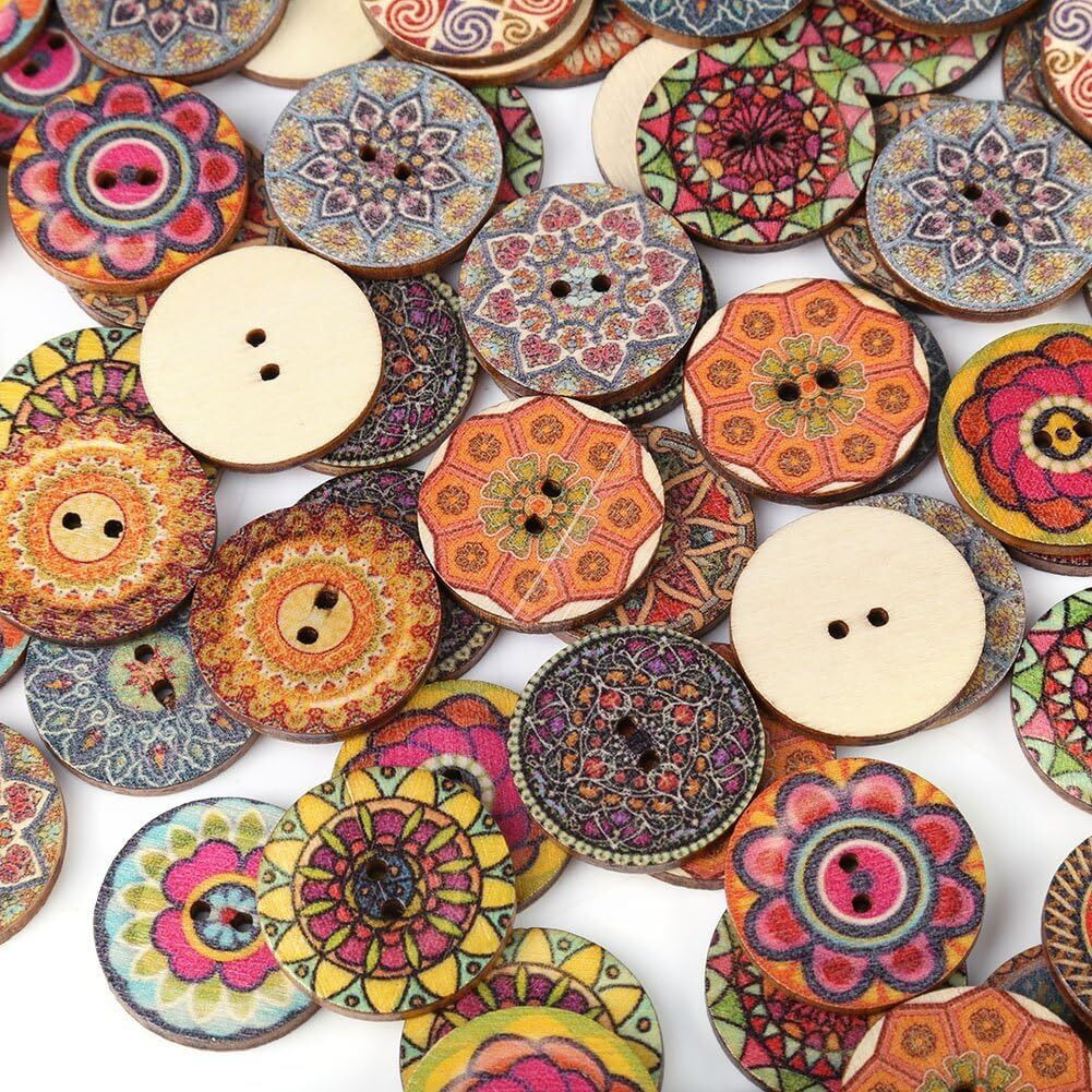 Singaro Wooden Buttons For Crafts Wood Buttons 1 Inch Assorted Vintage Round Wooden Flower (30 Pcs)