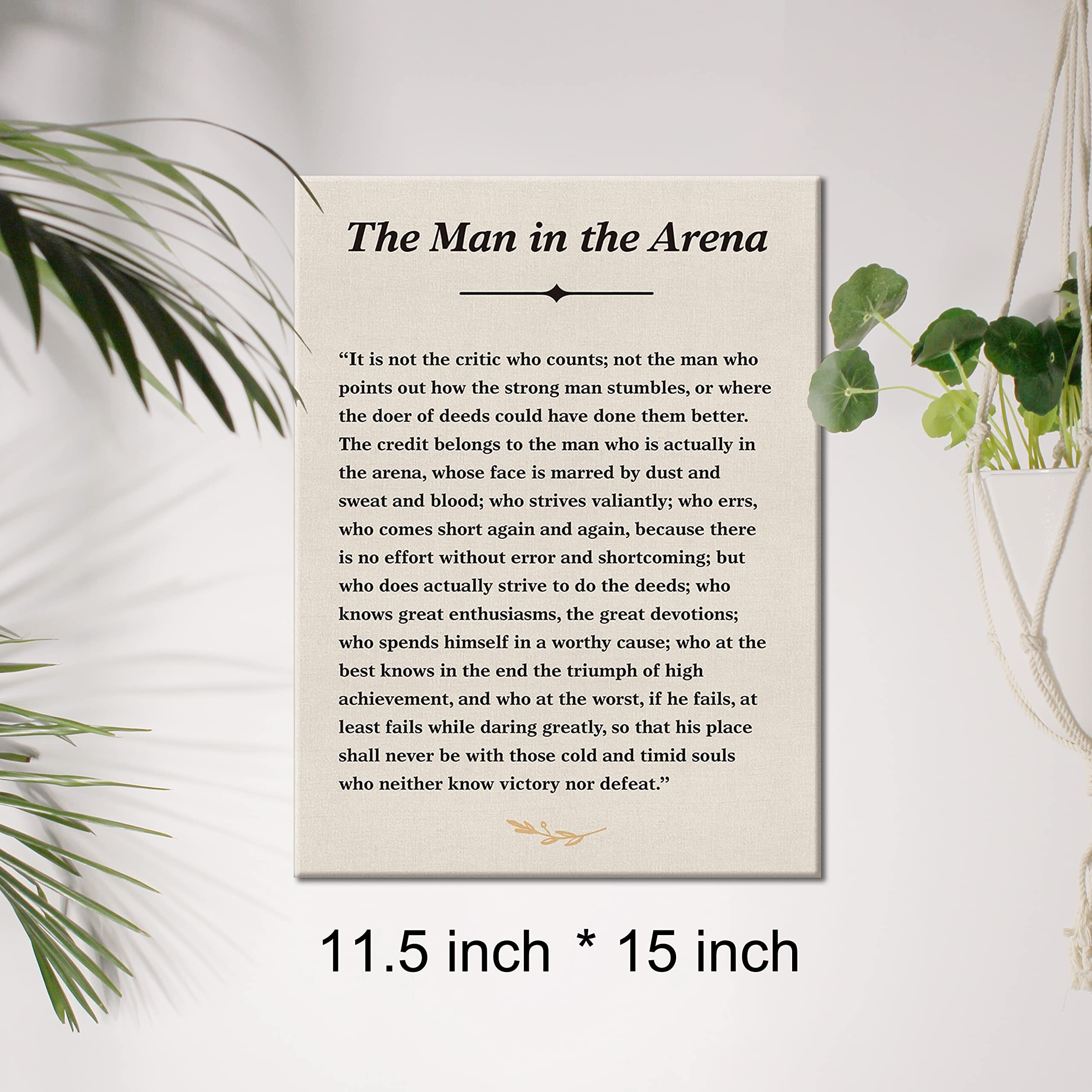 Inspirational Quote Canvas Wall Art The Man In The Arena Canvas Print Positive Theodore Roosevelt Speech Painting Wall Decor Framed Gift 12X15 Inch