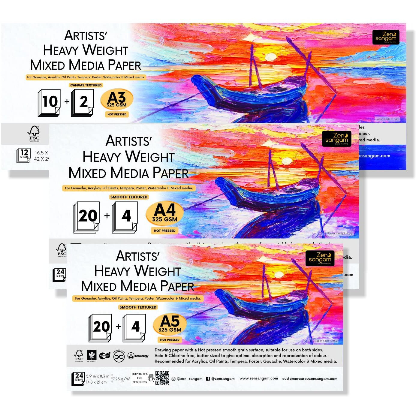 Zen Sangam Artists - Combo Pack Of A3,A4,A5 Heavy Weight Mixed Media Papers - 325 Gsm - Hot Pressed - Smooth Texture Surface - For Heavy-Body Paints, Calligraphy And Brush Pen Lettering