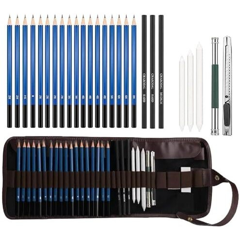 Corslet 29 Pcs Drawing Pencil Set For Artists Sketching Kit Art Tool With Graphite Charcoal Pencils, Paper Erasable Pen, Craft Knife Lightwish (With Canvas Rolling Pouch)