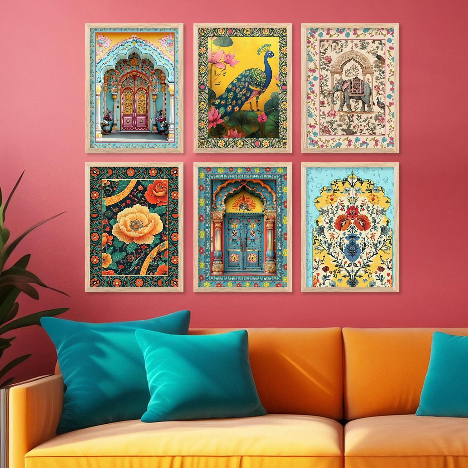 Kalit Kala Decor Traditional Indian Madhubani/Pichwai Art Framed Posters For Home Living Room Bedroom Wall Decor Set Of 6 (Madhubani10)