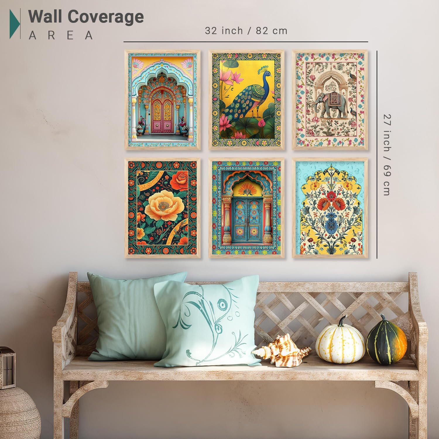 Kalit Kala Decor Traditional Indian Madhubani/Pichwai Art Framed Posters For Home Living Room Bedroom Wall Decor Set Of 6 (Madhubani10)