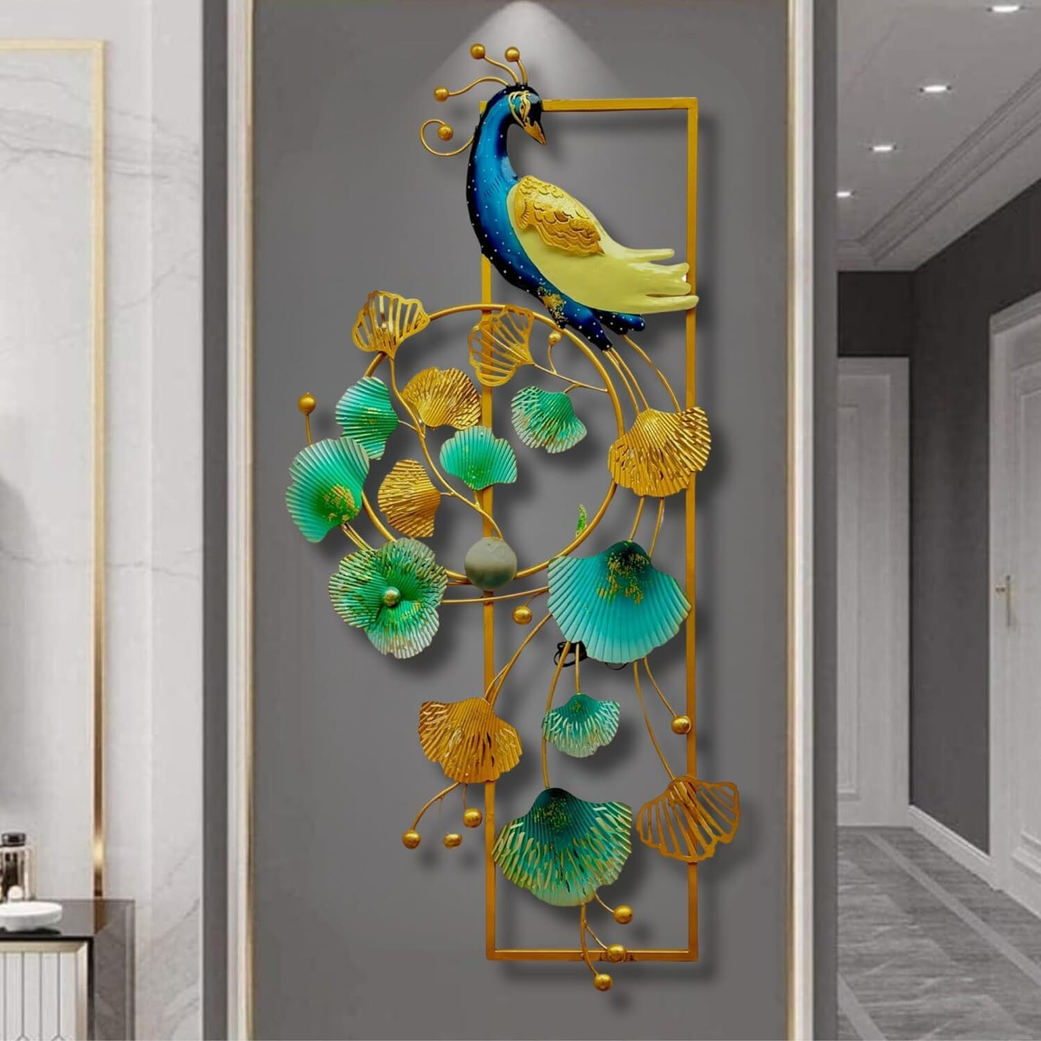 Anshika International Wall Art Peacock Metal Frame With Led, Wall Sculpture For Living Room, Bedroom, Drawing Room, Office Wall Hanging For Home Decorative (Size 40X20 Inch)-A6