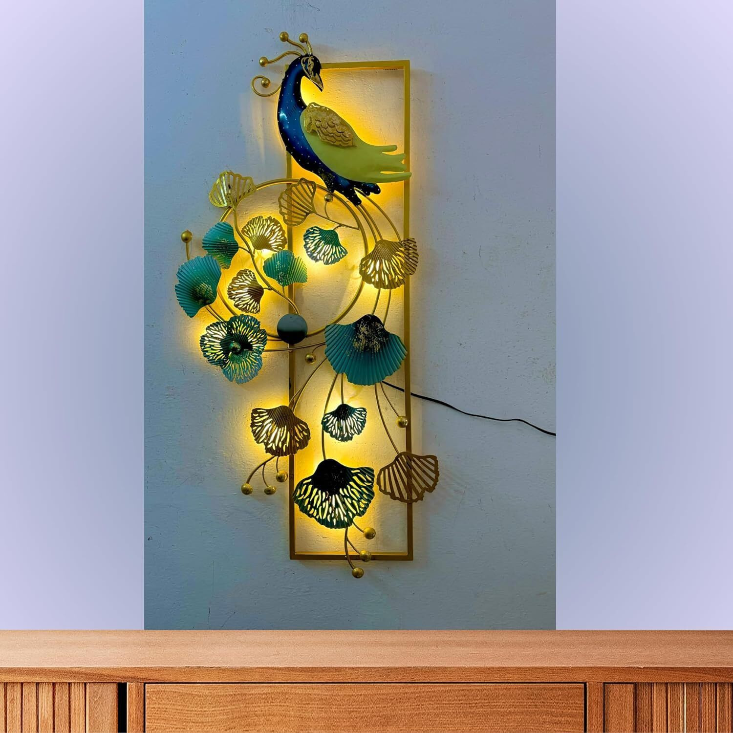 Anshika International Wall Art Peacock Metal Frame With Led, Wall Sculpture For Living Room, Bedroom, Drawing Room, Office Wall Hanging For Home Decorative (Size 40X20 Inch)-A6