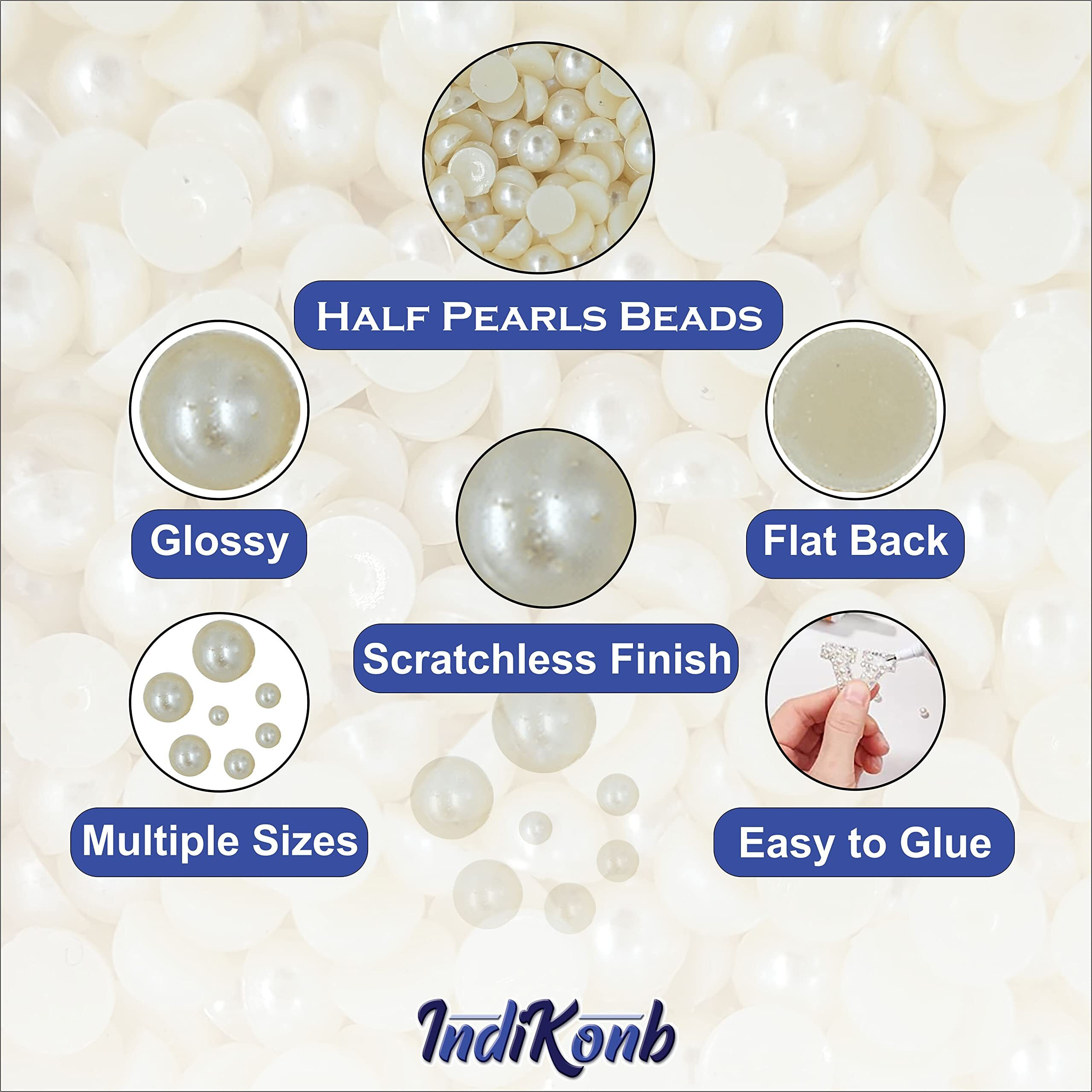 Indikonb Half Cut Pearls For Jewellery Making Craft, Round Flat Back Pastable Acrylic Pearls For Art, Craft, Scrapbooking, Decoration (Cream, Small)