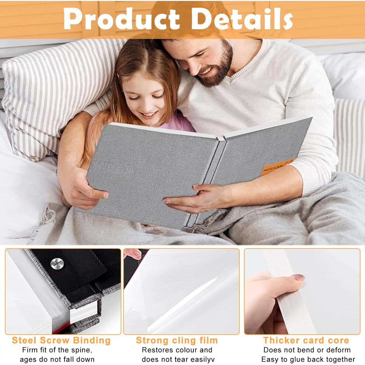 Hasthip Photo Album - Self Adhesive Scrapbook Album For 4X6 5X7 8X10 Pictures, Linen Cover With 40 Pages Diy Photo Book, Birthday Gifts For Women Mom Family Baby Wedding Travel (11.5&quotX10.6", Grey)