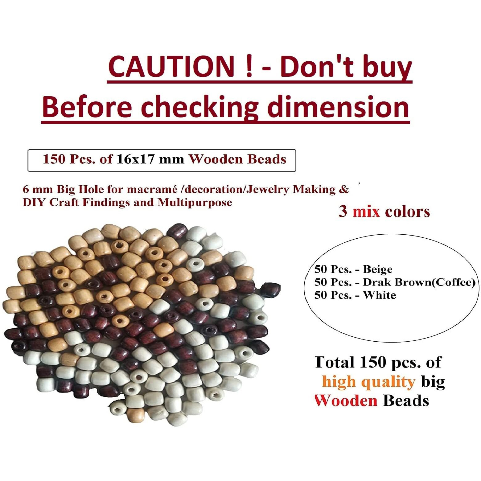 Q1 Beads Multipurpose Big Hole Wooden Beads - 150 Pieces. 16X17 Mm Beige, Brown, White Tri Colors Mix (6 Mm Hole)