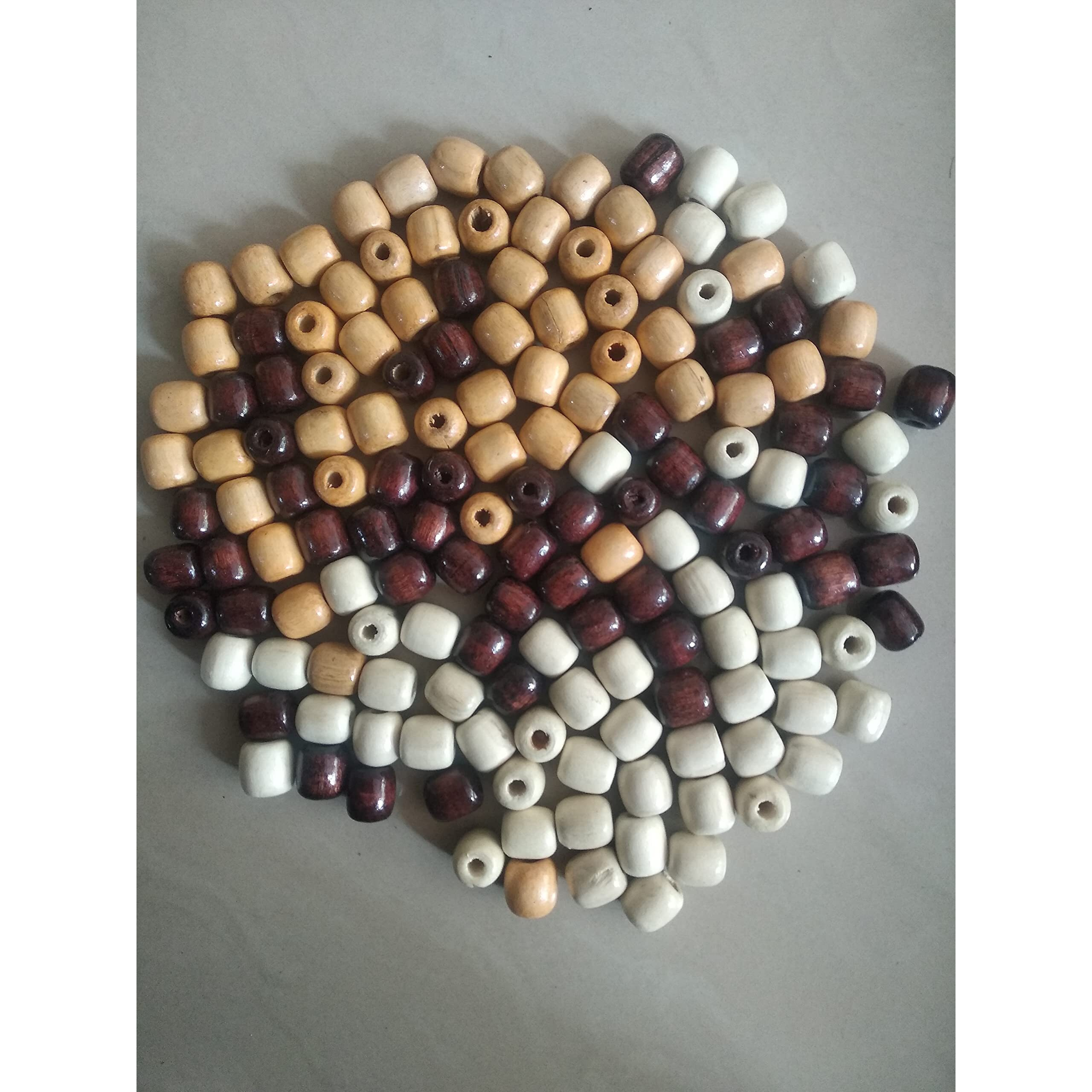 Q1 Beads Multipurpose Big Hole Wooden Beads - 150 Pieces. 16X17 Mm Beige, Brown, White Tri Colors Mix (6 Mm Hole)