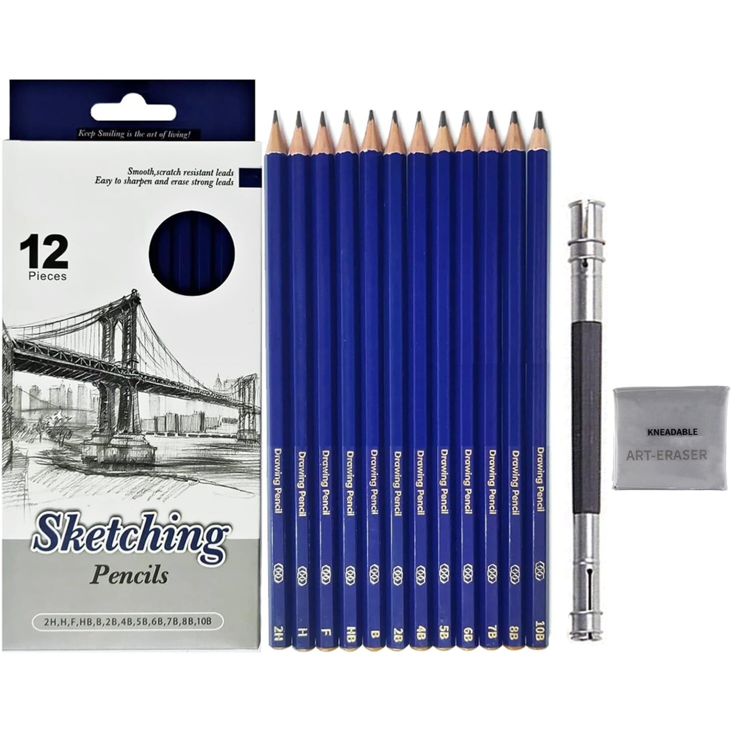 Sketching Kit - 14 Pcs Beginners Sketch & Drawing Tool Kitart Set -Includes 12 Graphite Pencils, 1Pc Kneadable Eraser, 1 Pc Pencil Extender