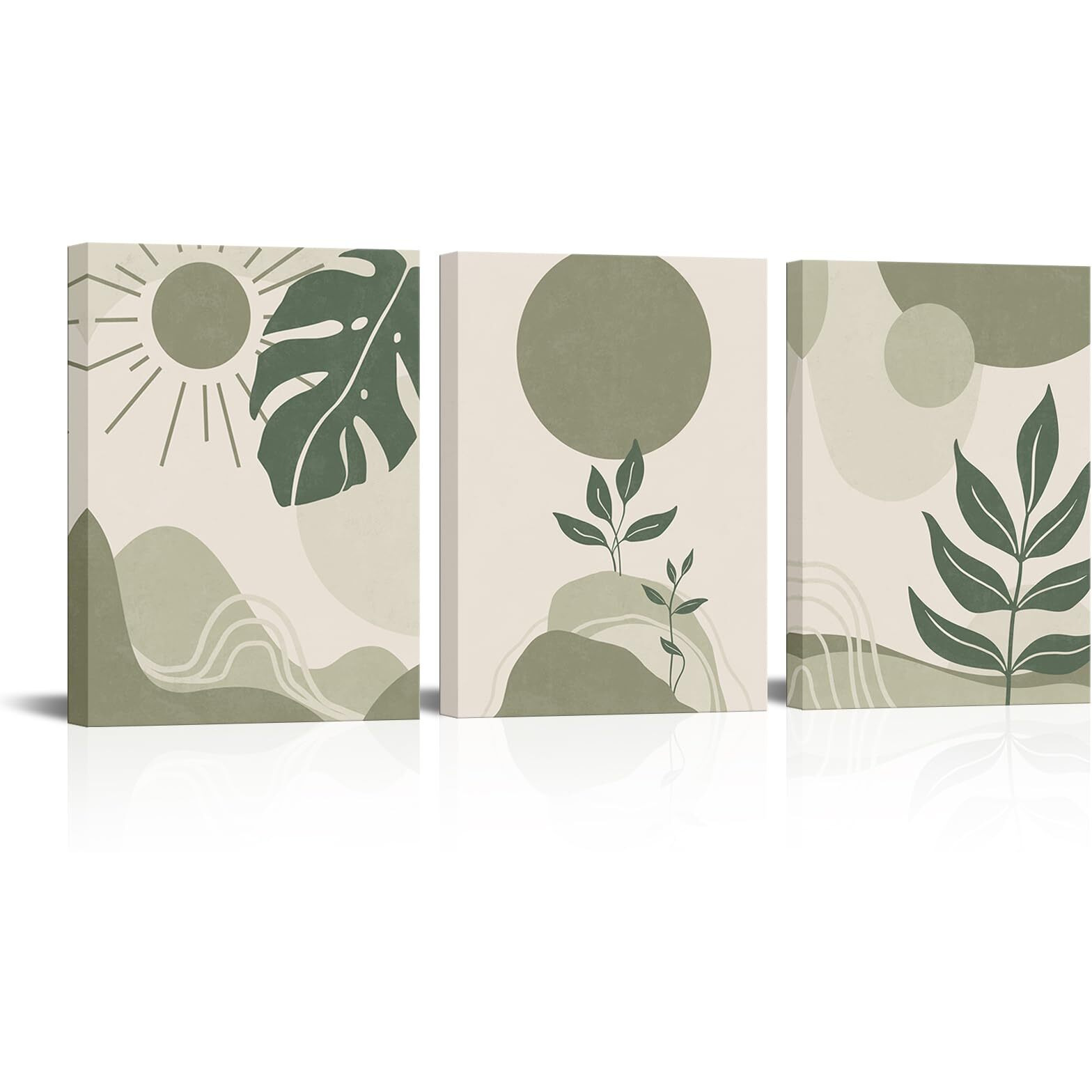 Homeoart 3 Piece Boho Wall Art Prints Mid Century Modern Home Decor Paintings Abstract Geometric Wall Art Framed Ready To Hang (Sage Green)