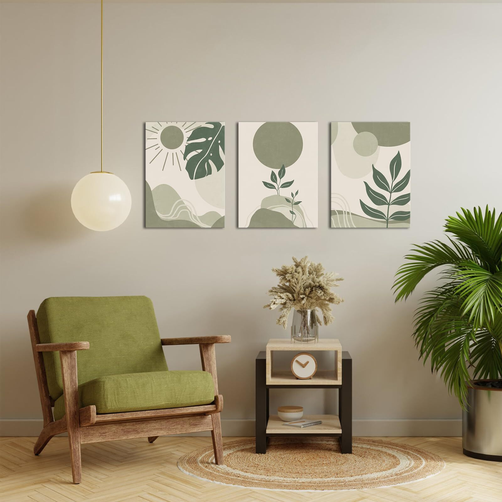 Homeoart 3 Piece Boho Wall Art Prints Mid Century Modern Home Decor Paintings Abstract Geometric Wall Art Framed Ready To Hang (Sage Green)