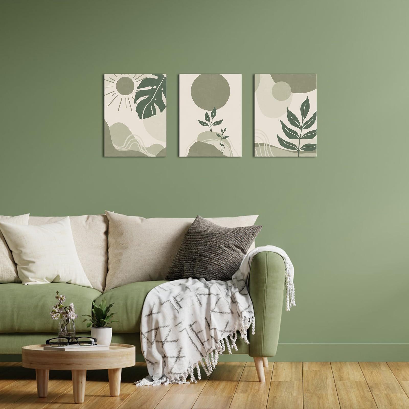 Homeoart 3 Piece Boho Wall Art Prints Mid Century Modern Home Decor Paintings Abstract Geometric Wall Art Framed Ready To Hang (Sage Green)
