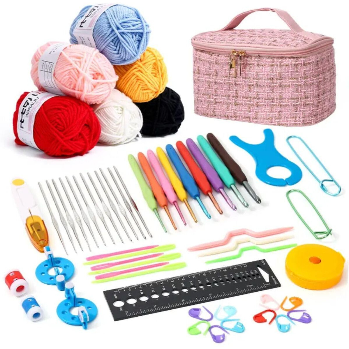 Jern Crochet Set Kit, Crochet Kit For Beginners Adults, Travel Crochet Hook Case, With Crochet Hooks, 5 Colour Yarn Balls, Knitting Supplies (58 Pcs Crochet Kit - Pink)