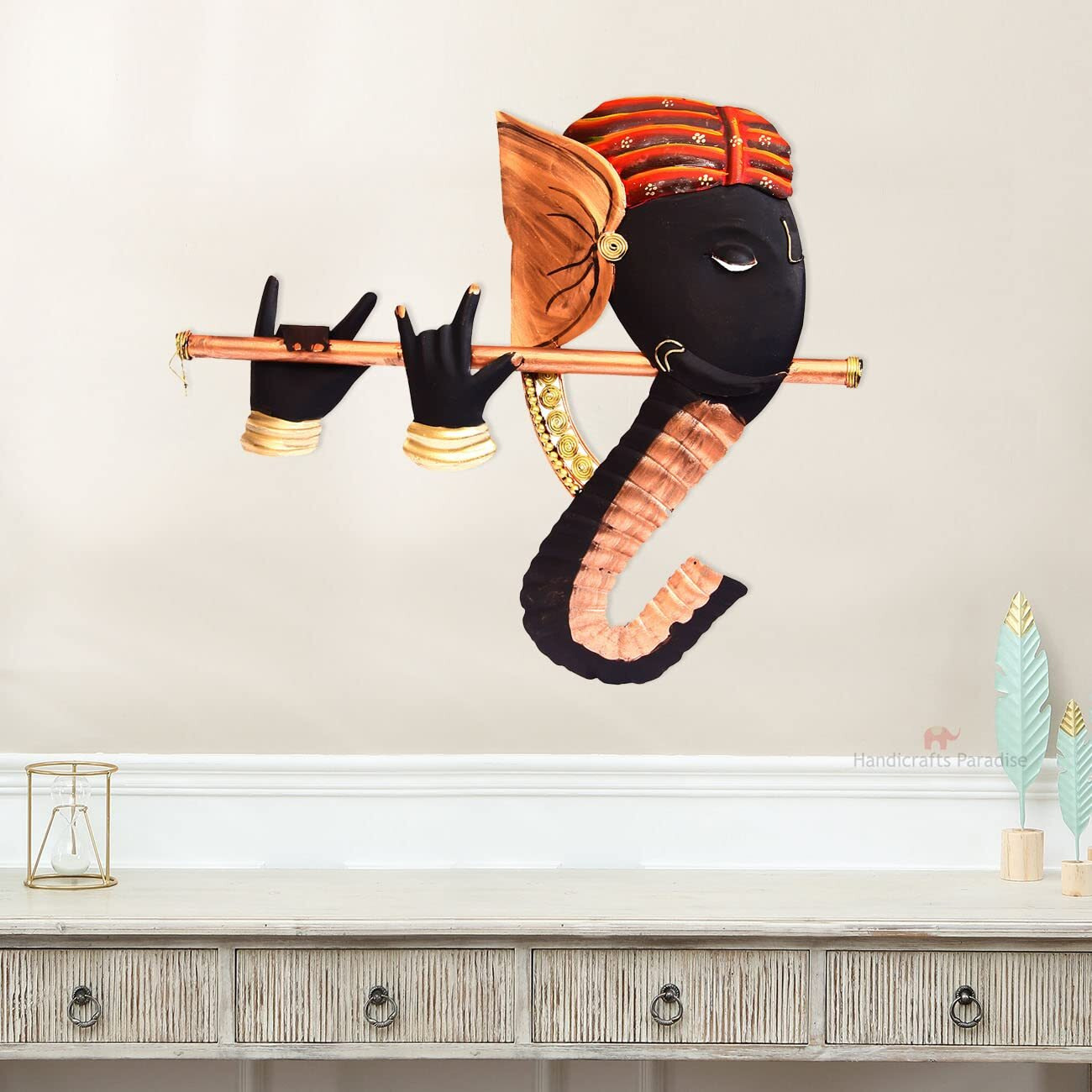 Handicrafts Paradise Iron Wall Art, Black, Ganesha Playing Flute, 17.5 X 16 Inches