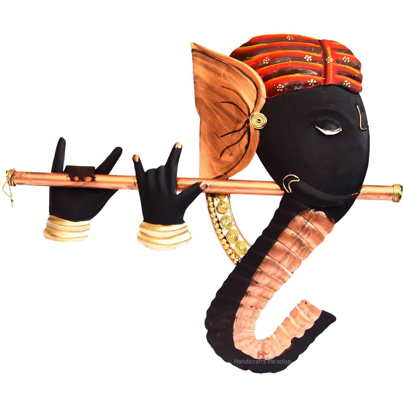 Handicrafts Paradise Iron Wall Art, Black, Ganesha Playing Flute, 17.5 X 16 Inches