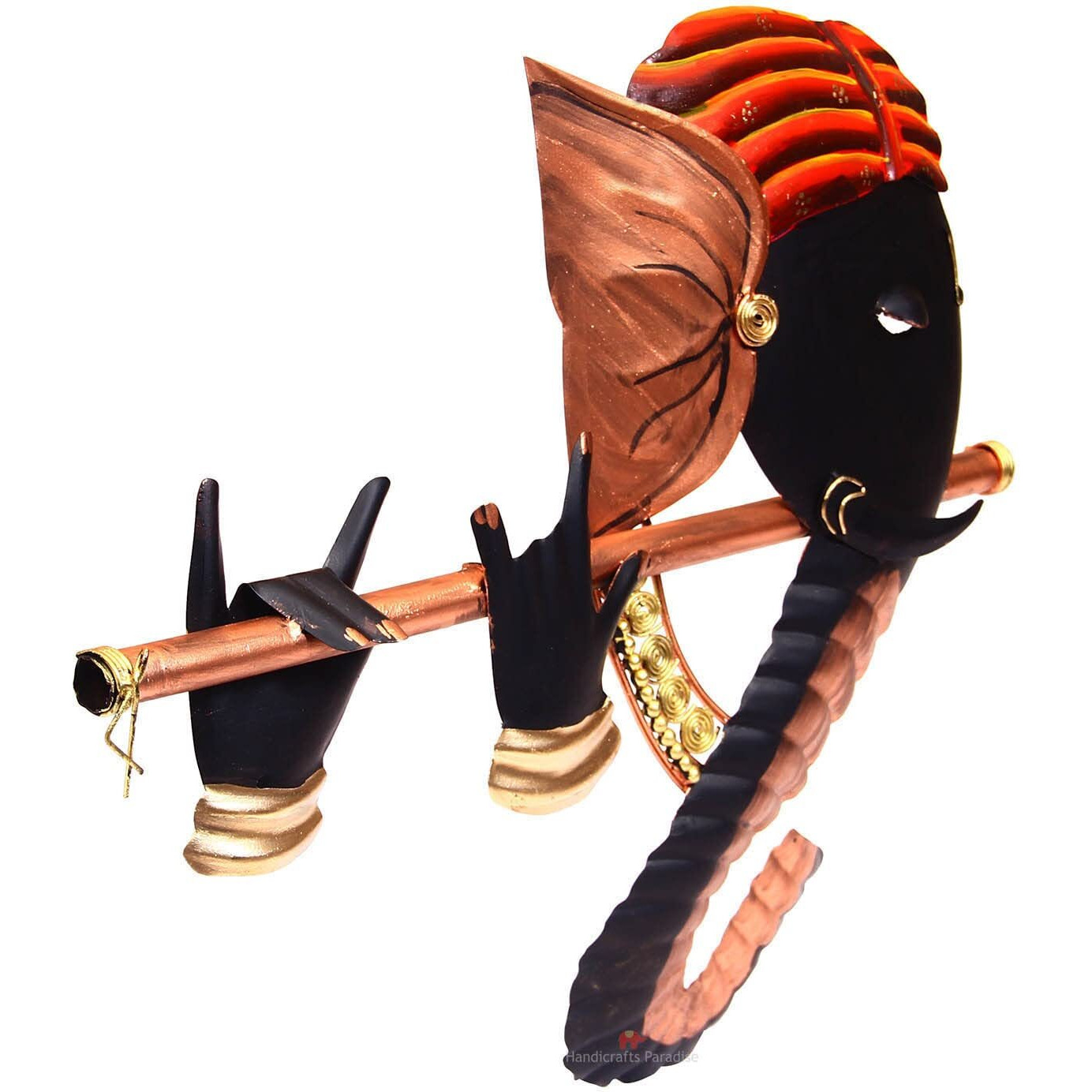 Handicrafts Paradise Iron Wall Art, Black, Ganesha Playing Flute, 17.5 X 16 Inches