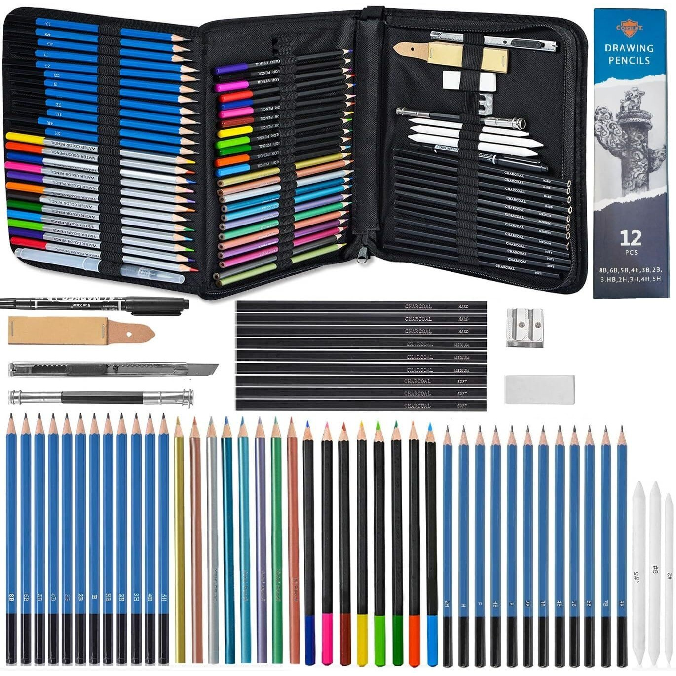 Corslet 71 Pc Sketching Kit 12 Pc Colour Pencil Drawing Pencils, A5 Sketch Book, Charcoal Pencil Art Supplies For Artists (Combo Pack)