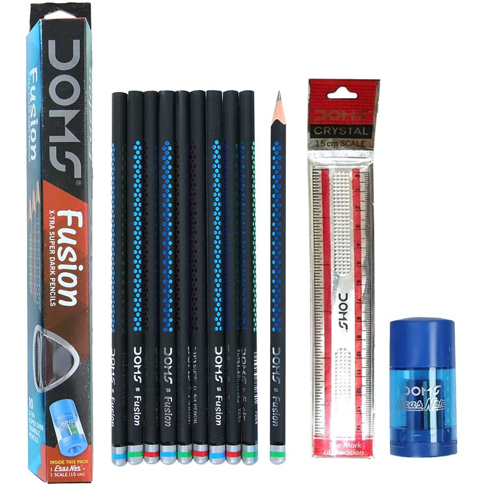 Doms Fusion Xtra Super Dark Pencil Box Pack | Dark & Neat Writing Which Stays Longer | Smooth Sharpning & With Soft & Comfortable Grip | Free Scale & Erasner Inside | Pack Of 30 Pencils