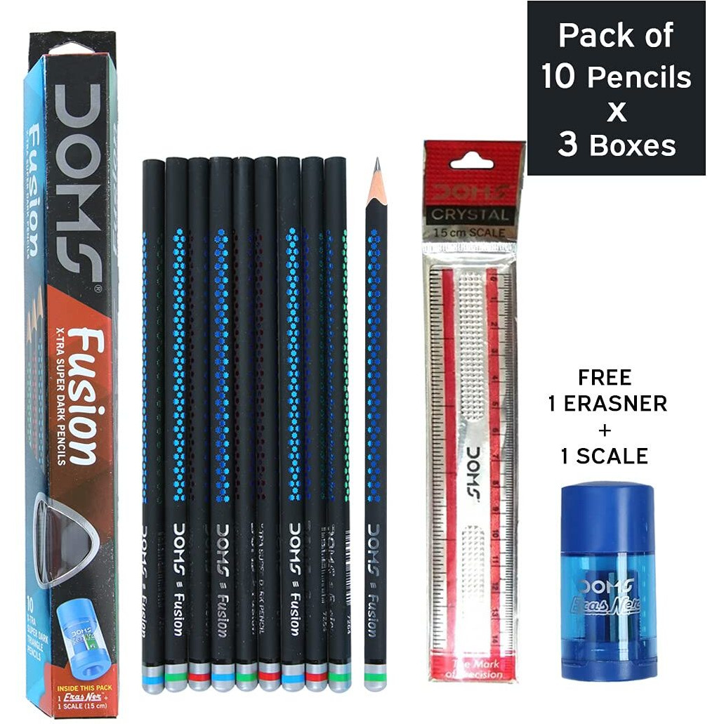 Doms Fusion Xtra Super Dark Pencil Box Pack | Dark & Neat Writing Which Stays Longer | Smooth Sharpning & With Soft & Comfortable Grip | Free Scale & Erasner Inside | Pack Of 30 Pencils
